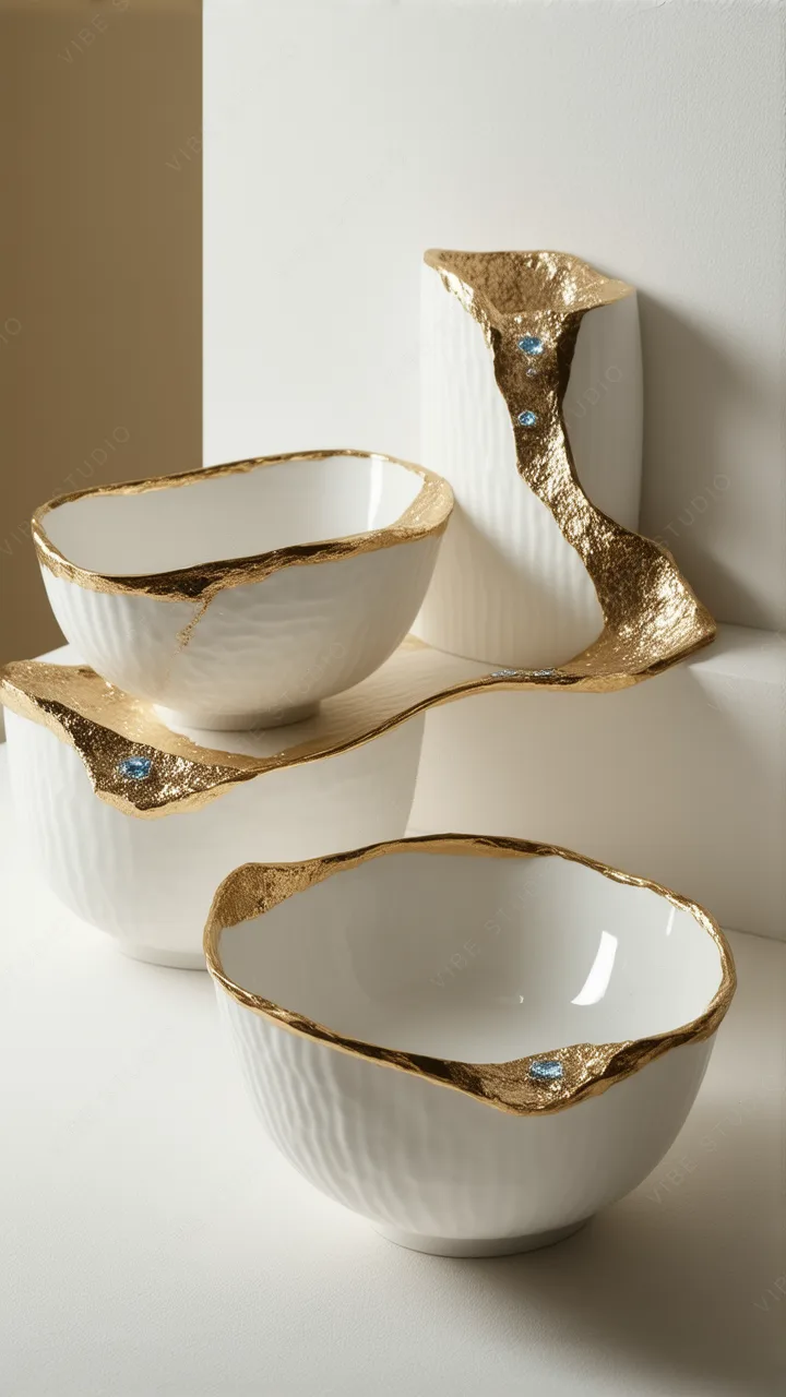 Ceramic Bowl Set with Gold Rim and Crystals Phone Wallpaper