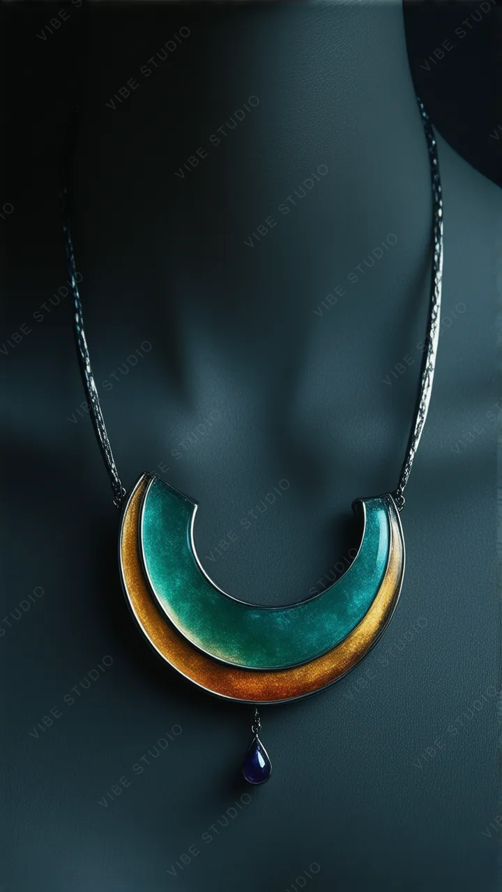Teal and Gold Moon Necklace, Studio Shot. Perfect for your lock screen. #phoneWallpaper #jewelrydesign #minimalWallpaper #luxury
