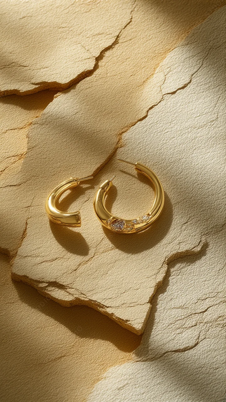 Gold Hoop Earrings on Textured Stone Phone Wallpaper
