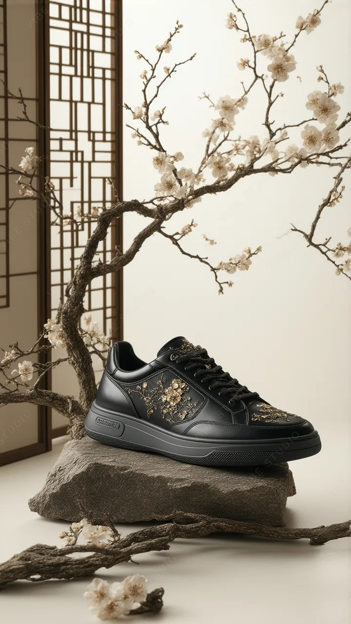 Black Leather Sneakers with Golden Floral Accent Phone Wallpaper