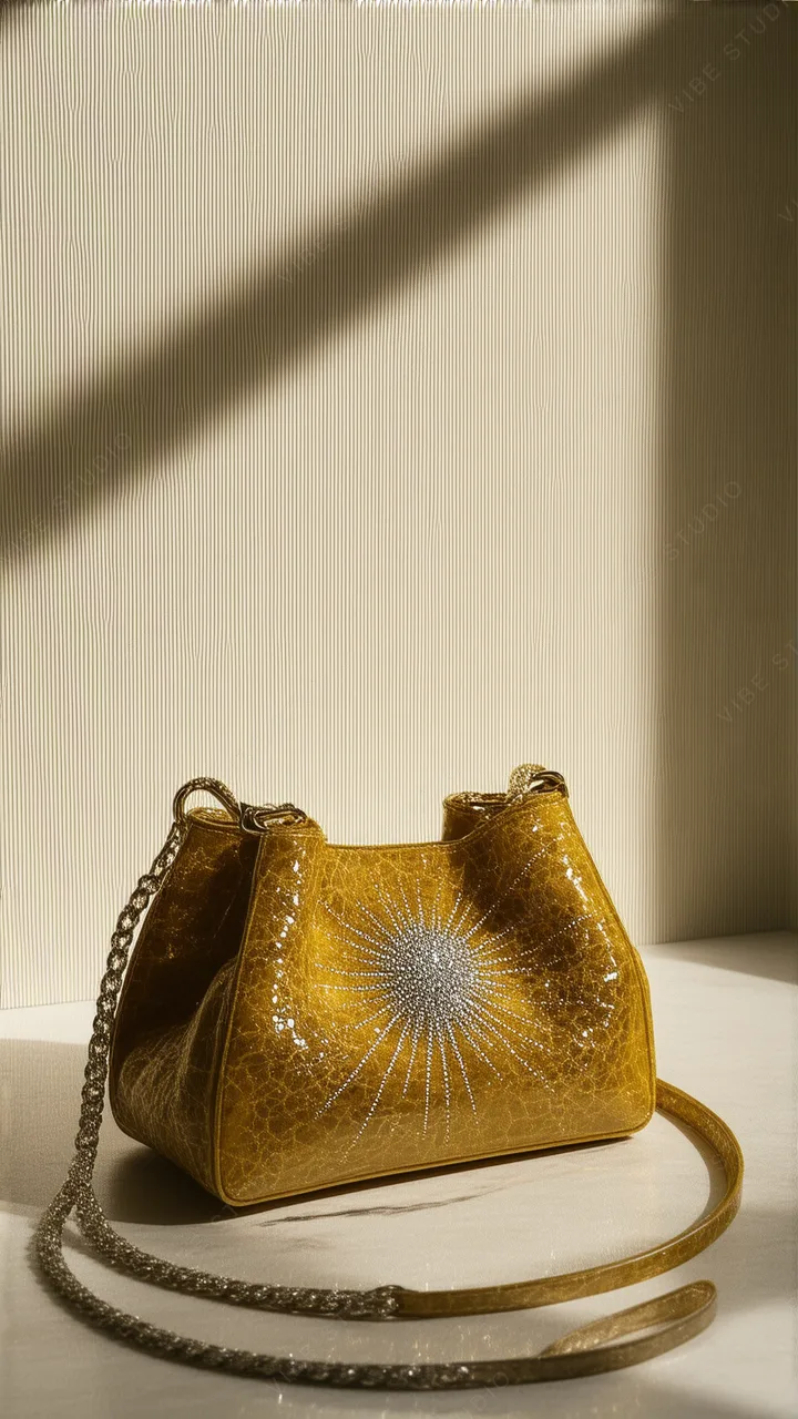 Golden Leather Shoulder Bag with Crystal Details Phone Wallpaper
