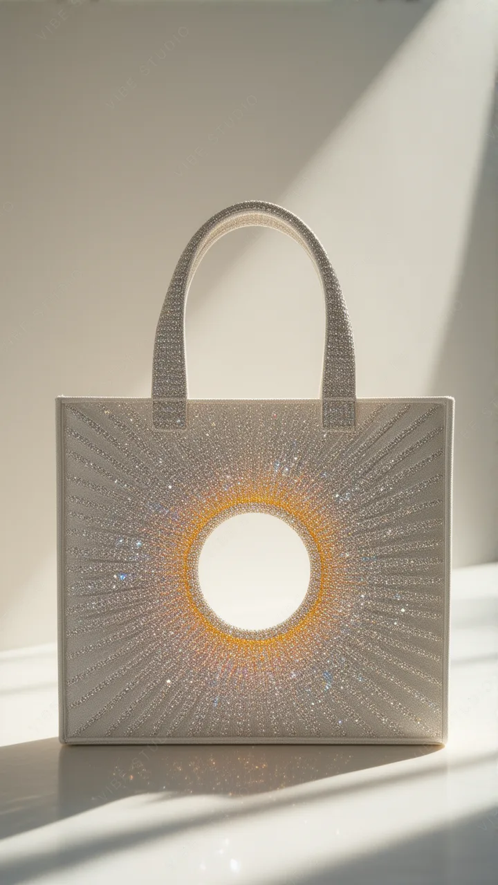 Crystal Sun Tote Phone Wallpaper. Featuring radiant light and geometric patterns. Perfect for your lock screen. #phoneWallpaper #luxury #jewelry #shin