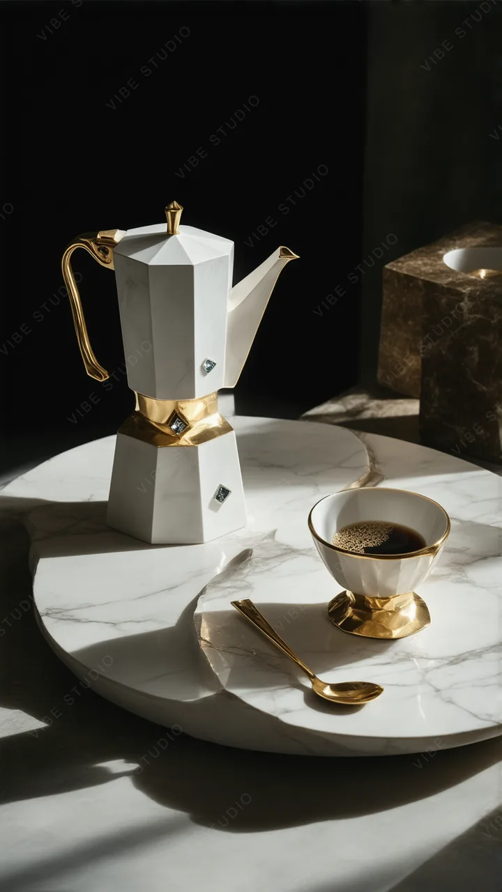 Marble Texture Phone Wallpaper Featuring Gold Moka Pot