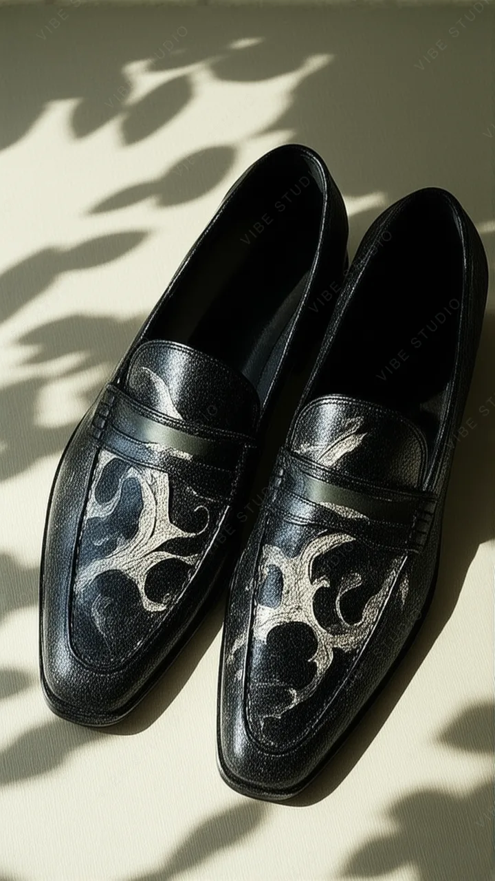 Black Leather Loafers with Intricate Pattern Phone Wallpaper