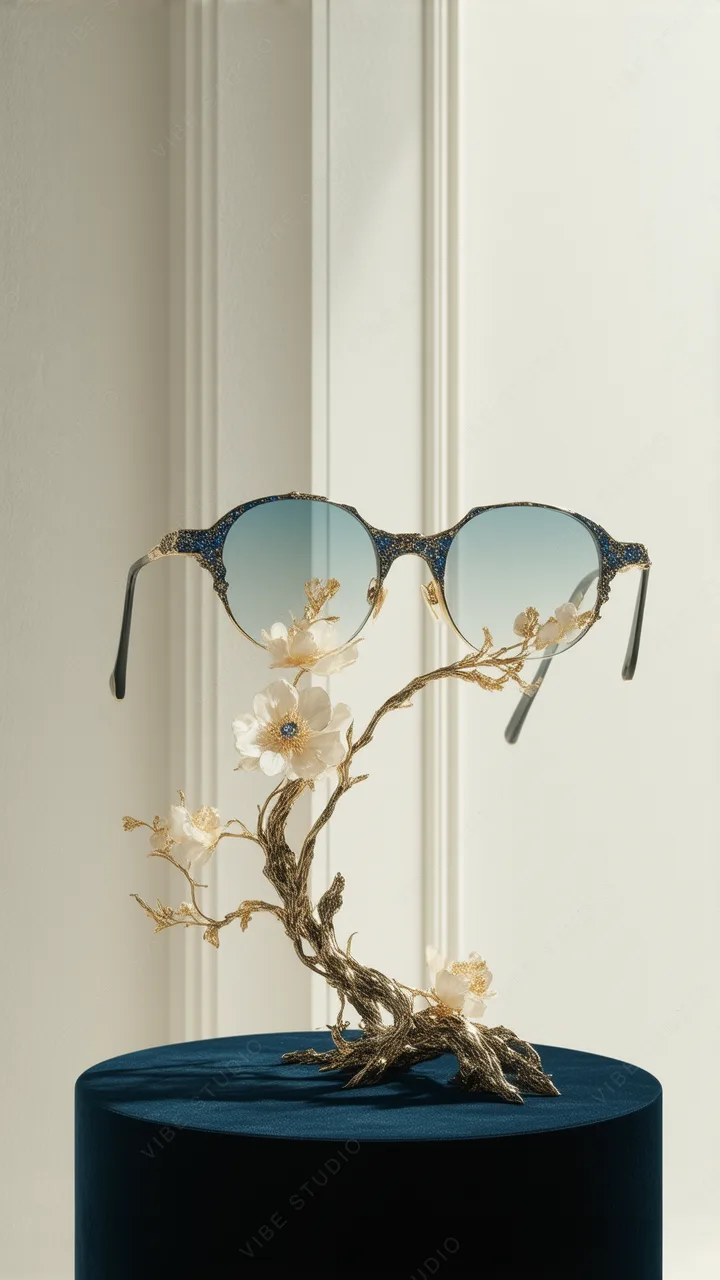 Blue Crystal Sunglasses on Sculptural Branch Phone Wallpaper