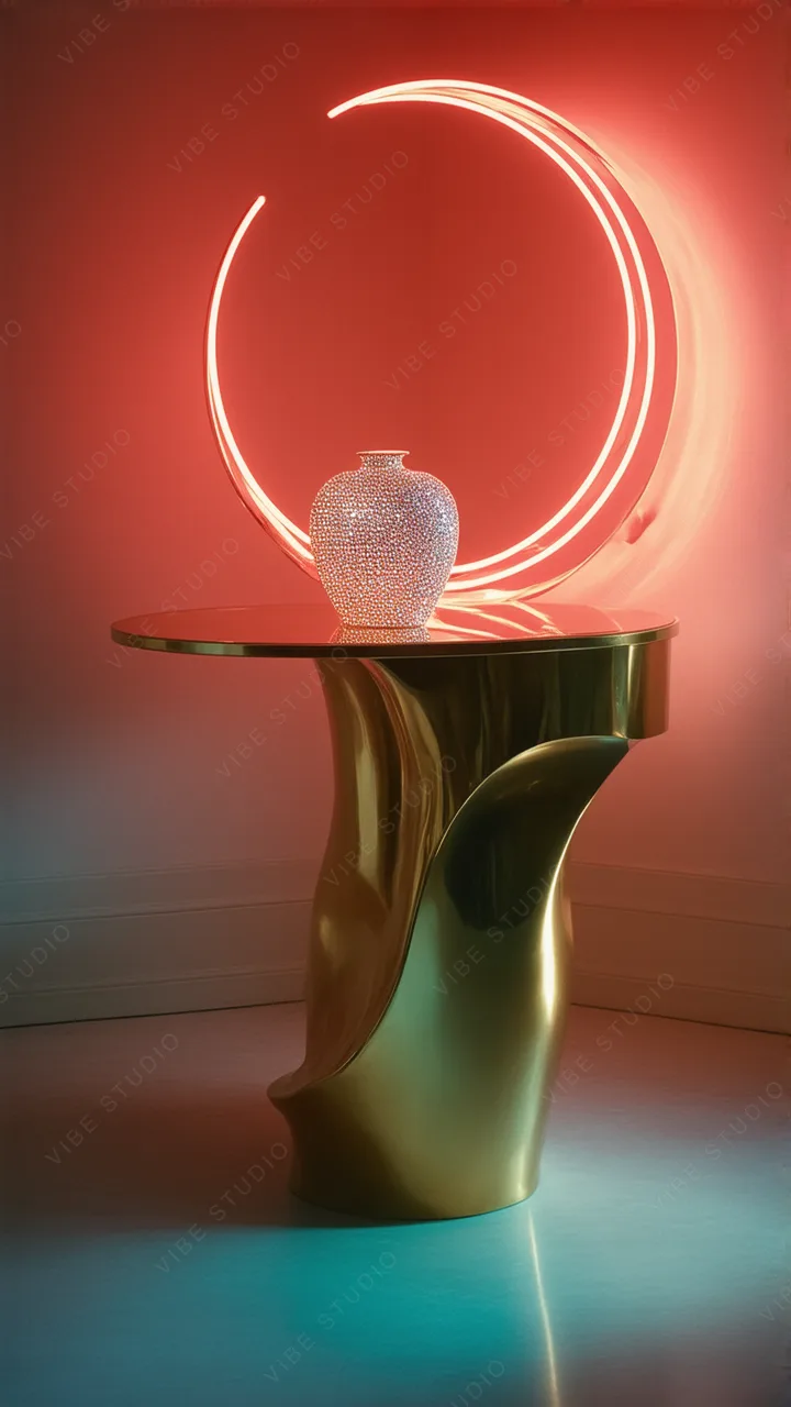 Neon Glow Table Sculpture Phone Wallpaper. A striking blend of metallic gold and vibrant red creates an ethereal atmosphere. Perfect for your lock scr