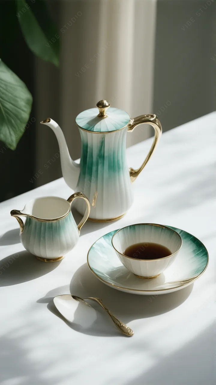Emerald Green Porcelain Still Life with Gold Accents Phone Wallpaper