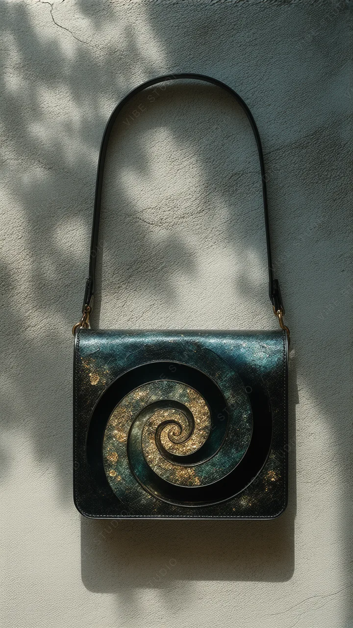 Dark Spiral Leather Handbag with Gold Accent