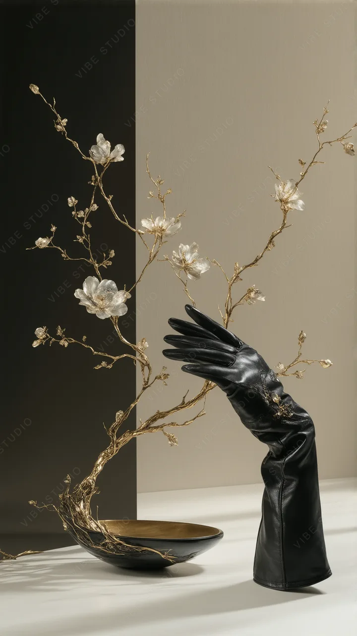 Black Leather Glove with Floral Still Life Phone Wallpaper