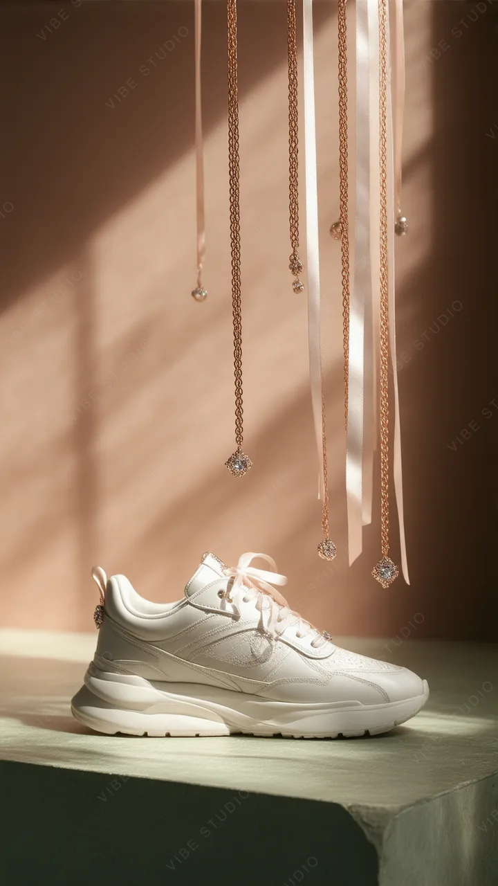 Soft White Sneakers with Jewelry Studio Background