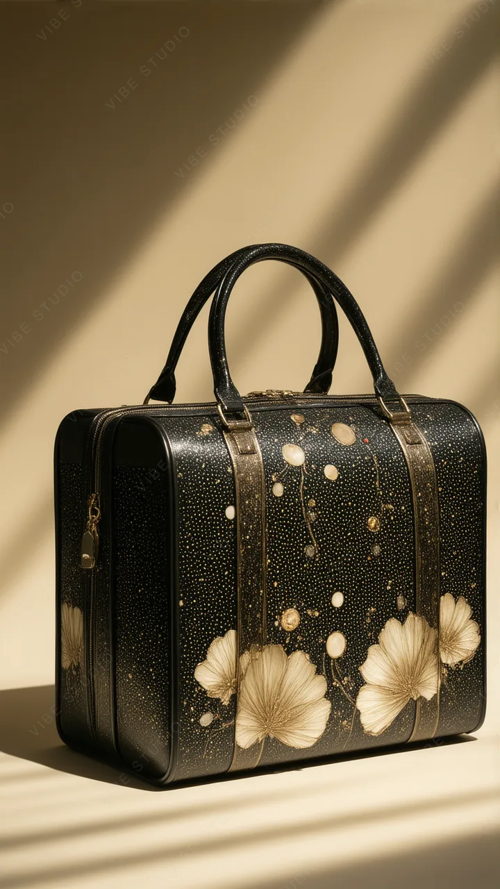 Black Leather Travel Bag with Floral Details Phone Wallpaper