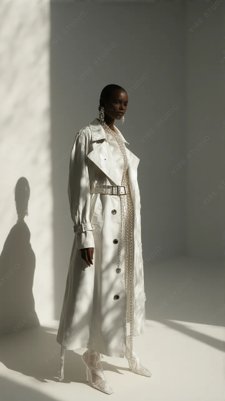 White Laced Trench Coat Studio Shot, Elegant Fashion Illustration
