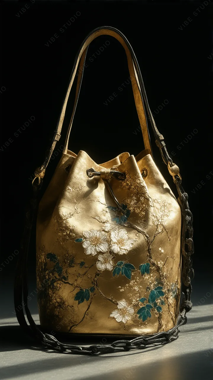 Golden Silk Bucket Bag with Floral Embroidery. Elegant textural phone background.