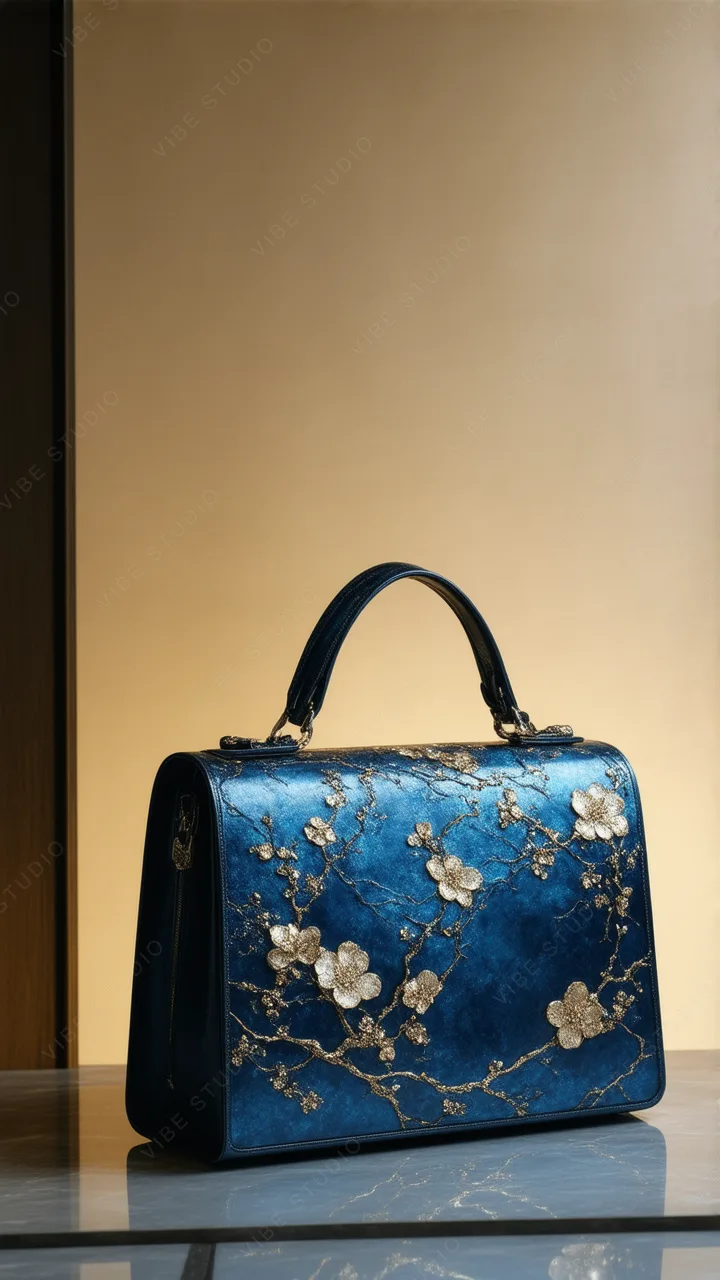 Blue Floral Leather Handbag – Luxurious Studio Shot
