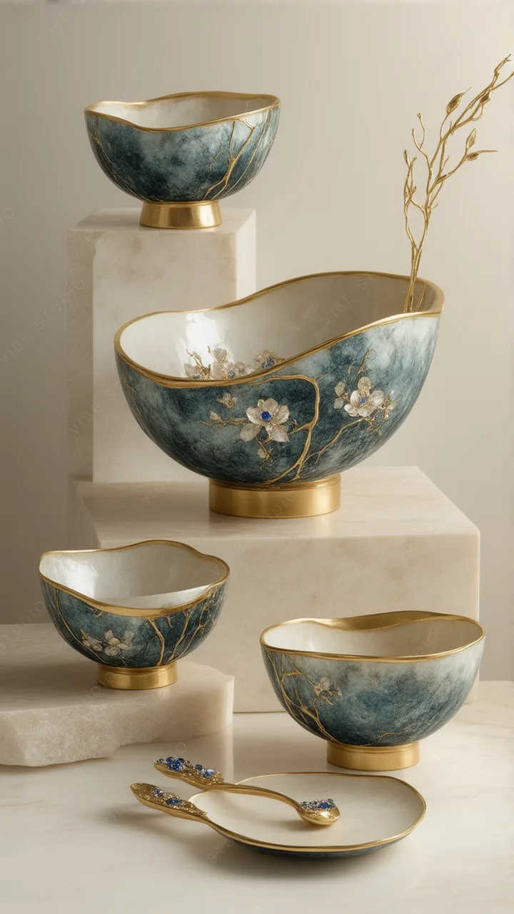 Elegant Blue &amp; Gold Ceramic Bowl Phone Wallpaper