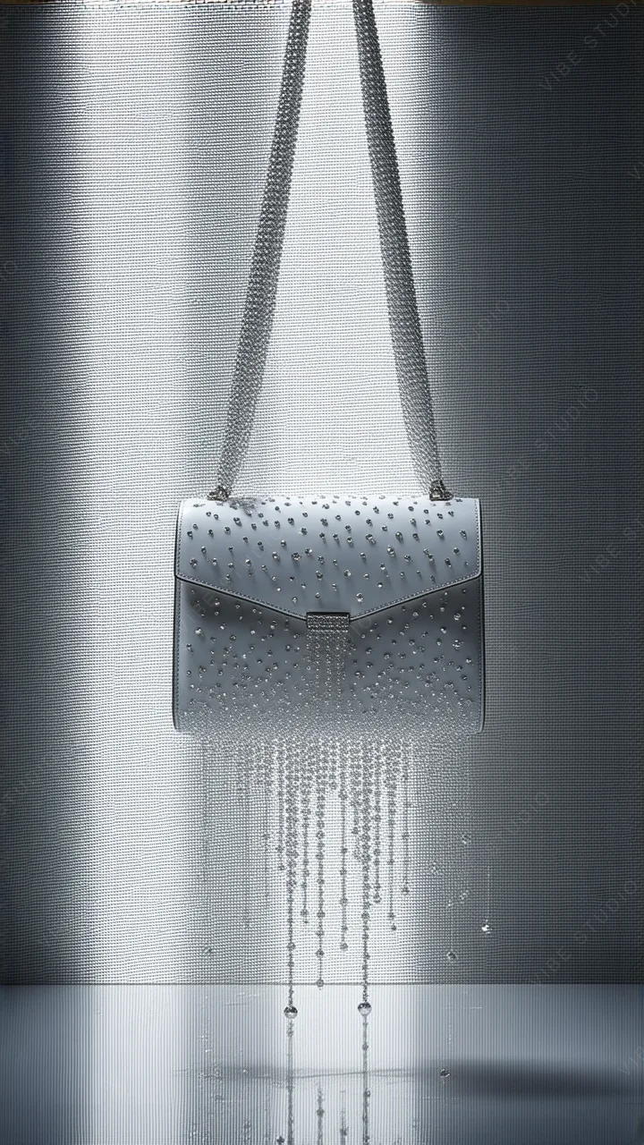 Ostrich Skin Shoulder Bag with Crystal Chain on Silver Pedestal