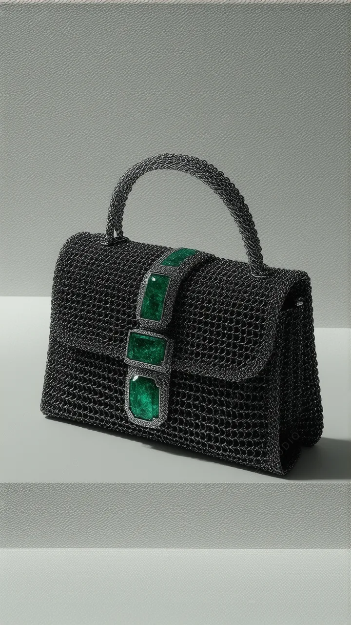 Black Crochet Bag with Emerald Details Phone Wallpaper