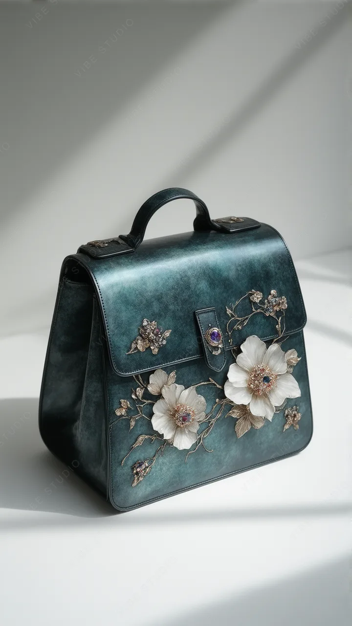 Teal Leather Floral Shoulder Bag with Crystal Embellishment