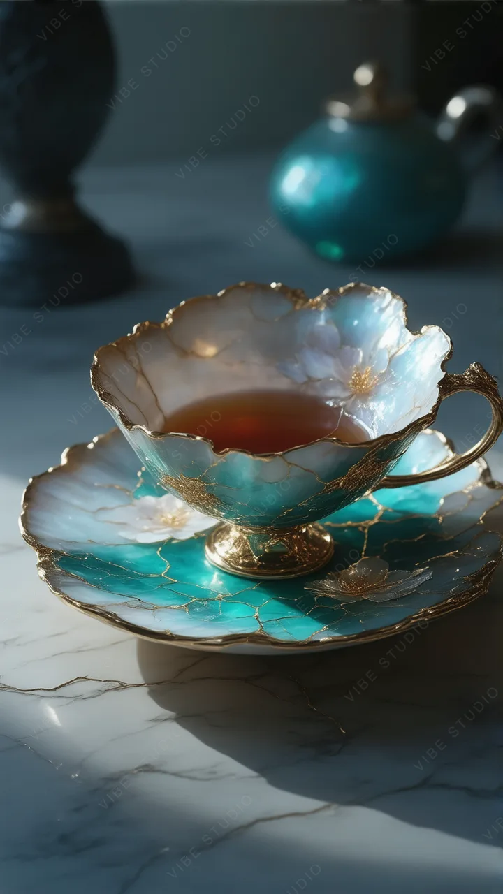 Teal Porcelain Tea Set Phone Wallpaper