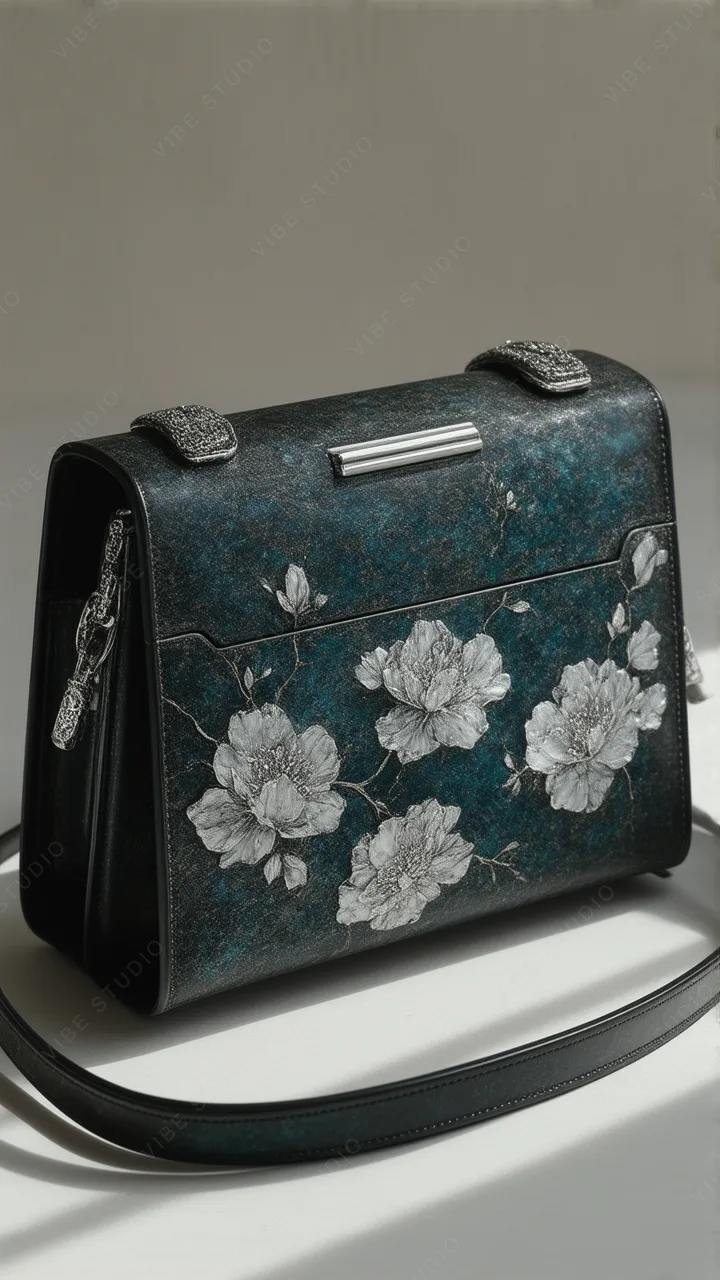 Black Floral Leather Shoulder Bag with Crystal Details
