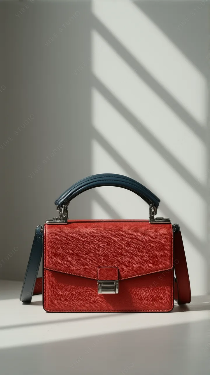 Crimson Leather Shoulder Bag with Blue Accents