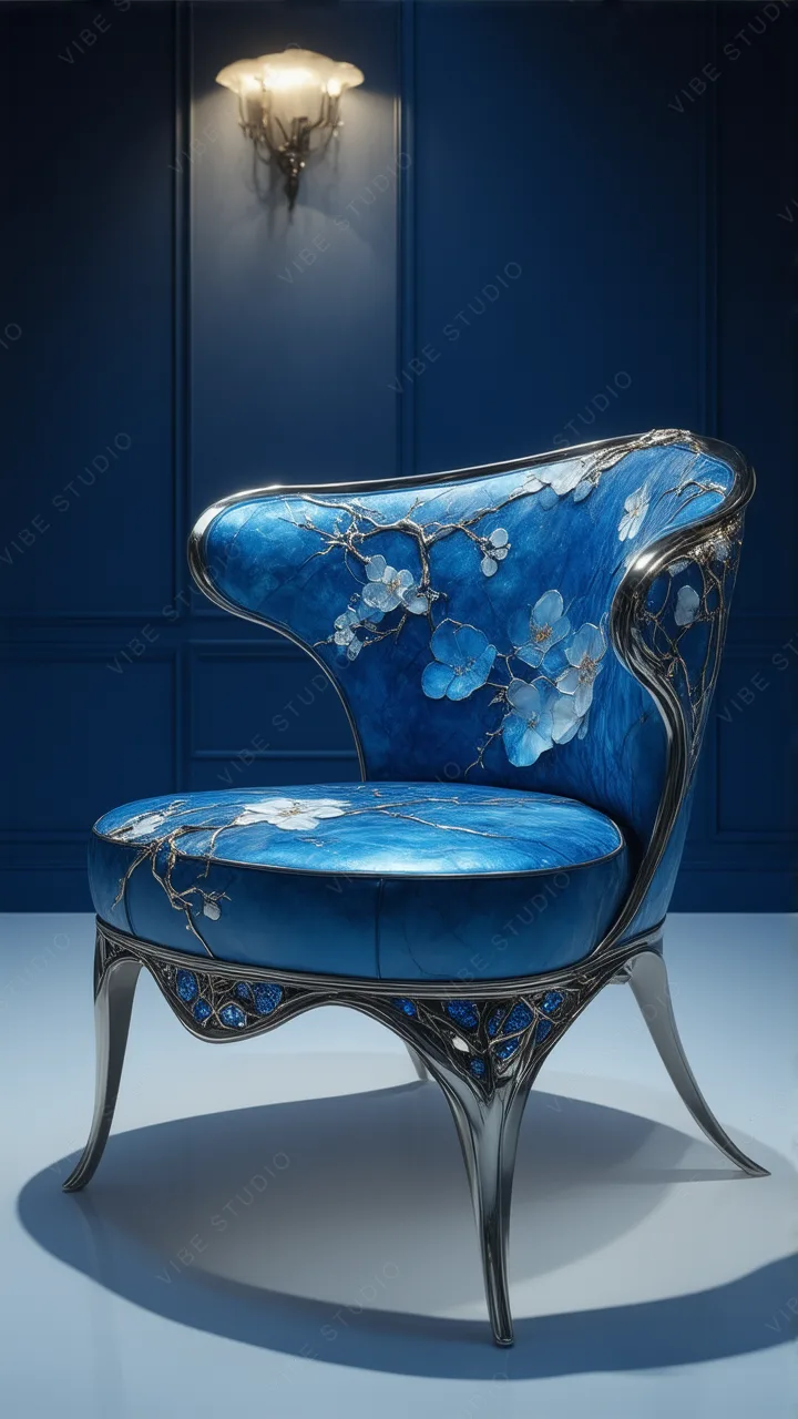 Velvet Blue Floral Accent Chair Phone Wallpaper