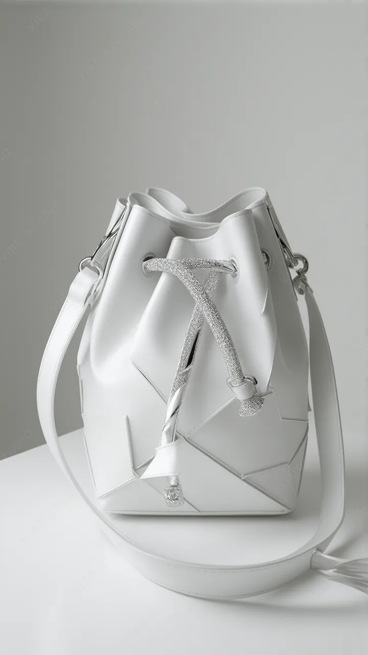 White Leather Bucket Bag Studio Shot – Elegant Minimalist Phone Wallpaper